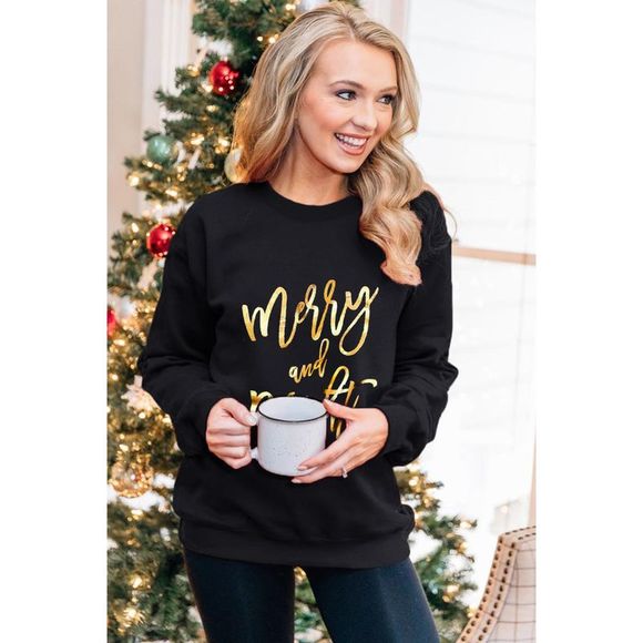 Azura Exchange  Black  Merry & Bright Letter Print Pullover Sweatshirt - Picture 4 of 10